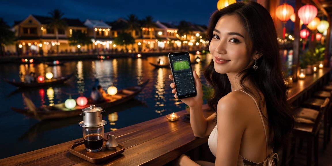 Người dùng Hội An truy cập casino di động trong quán cà phê buổi tối
