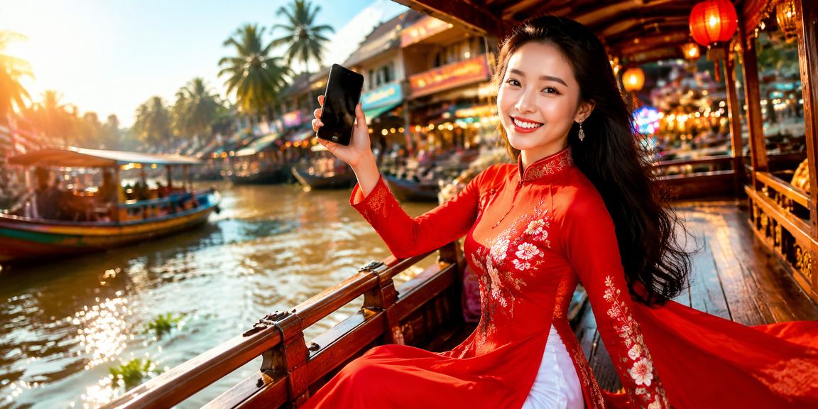 Người phụ nữ mặc áo dài tại miền Tây tham gia xổ số và ưu đãi may mắn trực tuyến